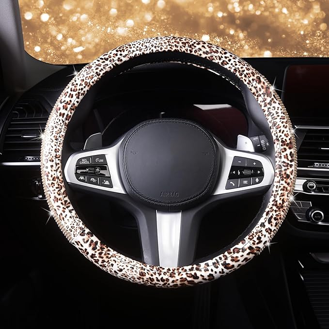 AUTOYOUTH Leopard Print Steering Wheel Cover - Bling Crystal Rhinestones Cheetah Print on PVC Leather Non-Slip Breathable Des