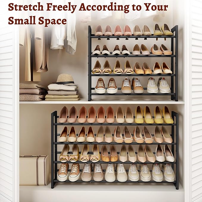FAVOOSTY 4-Tier Expandable Shoe Rack, Adjustable Shoe Shelf Storage Organizer Space Saving Metal Free Standing Shoe Rack for 