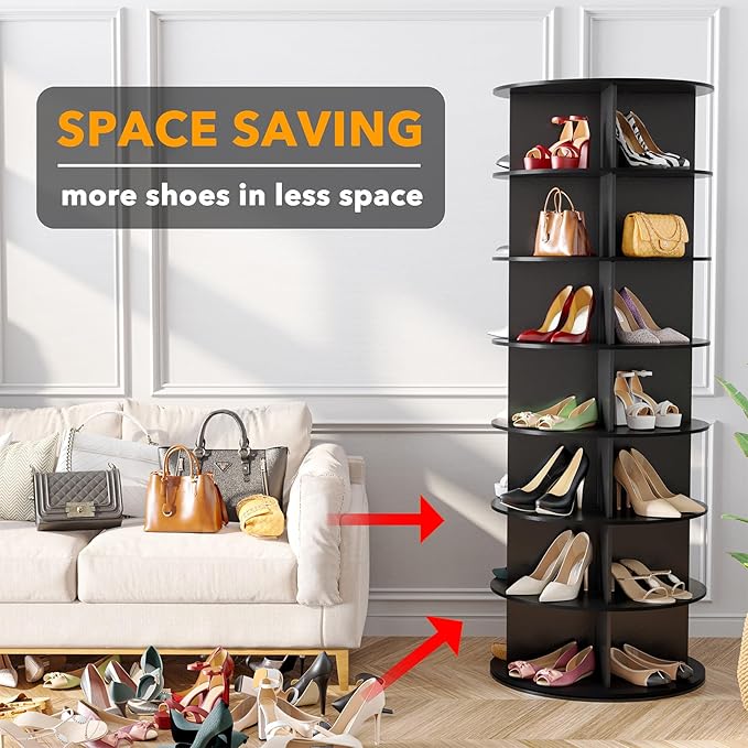 SpaceAid 7 Tier Rotating Shoe Rack Tower, Spinning Shoe Display Lazy Susan, Revolving 360 Shoe Rack Storage Round Carousel, V