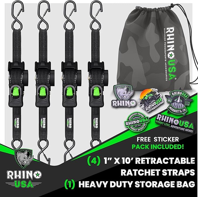 Rhino USA Retractable Ratchet Straps (4-Pack) - 1 Inch x 10 Feet (1,209lb Break Strength) - Auto Self Retracting Tie Down Straps for Truck, Cargo Trailer, Motorcycle, ATV, UTV - Black