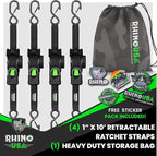 Rhino USA Retractable Ratchet Straps (4-Pack) - 1 Inch x 10 Feet (1,209lb Break Strength) - Auto Self Retracting Tie Down Straps for Truck, Cargo Trailer, Motorcycle, ATV, UTV - Black