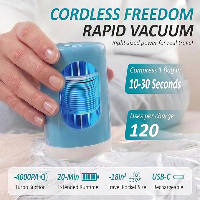 Cozy Essential Travel Vacuum Storage Bags with Rechargeable Cordless USB Pump, Space Saver Bags for Luggage, Suitcase, Carry-