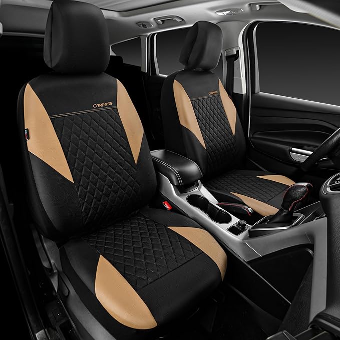 CAR PASS Quilting Leather Front Seat Covers, Automotive Waterproof Deluxe PU Premium Vinyl Luxury Two Front Seats Only Univer