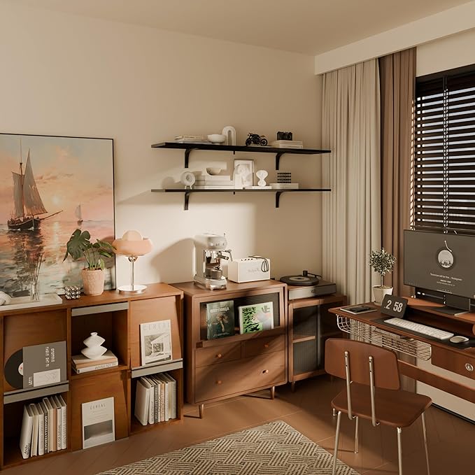 12 Inch Deep Floating Shelves Set of 2, 60 Inch Extra Wide Black Solid Wood Wall Shelves, 5ft Heavy Duty Farmhouse Wall Mount