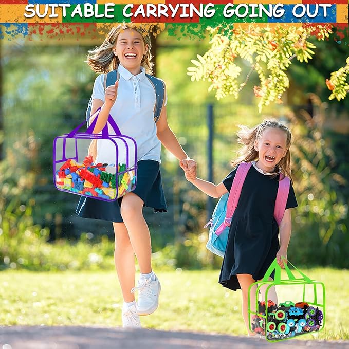 6 Colors Widen X-Large Toy Storage Bags 12.6×9.25×6.9In with Labels, Reusable Clear PVC Board Game Storage, Travel Waterproof