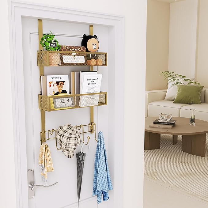 HapiRm Over The Door Hanger with Coat Hooks and 2 Baskets, Rustproof & Waterproof Over The Door Hooks, Storage Organizer for 