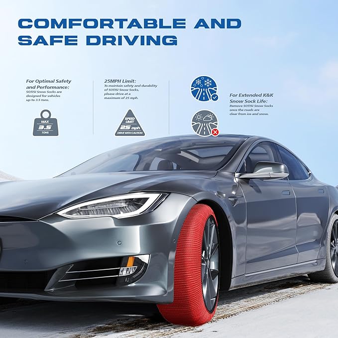 Snow Socks for Tires, Winter Traction Alternative to Snow Chains, Emergency Anti-Slip Tire Covers for Cars/SUVs/Trucks, Reusa