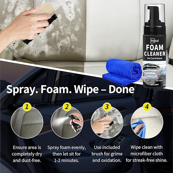 Car Interior Foam Cleaner - Powerful Waterless Carpet Upholstery & Seat Stain Remover for Leather, Fabric, Vinyl - Auto Detai