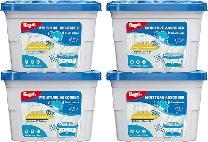 Bagus Moisture Absorbers Boxes (4 Pack) - 10.5 Oz Dehumidification Containers for Closet, Bathroom, Storage, Kitchen, Car,
