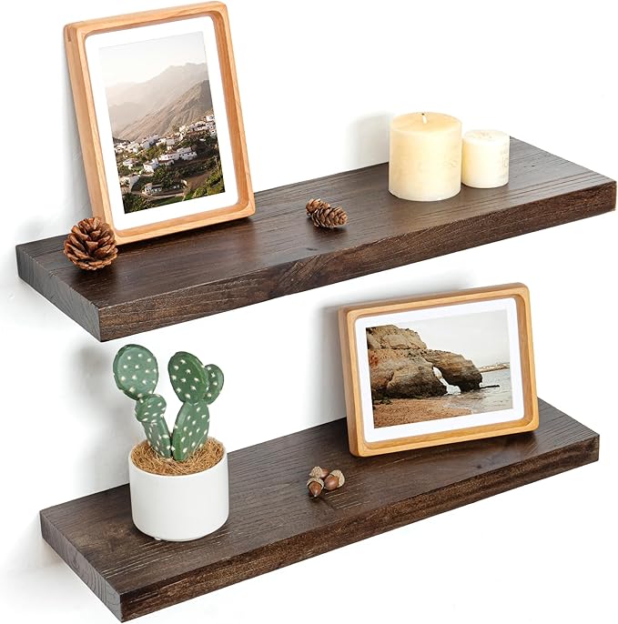 Floating Shelves for Wall Decor, 8 Inch Deep Rustic Solid Elm Wood Floating Shelves Wall Mounted, Wall Shelves with Invisible