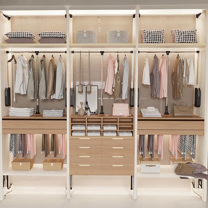 Pull Down Closet Rod Stainless Steel,35"-48" Adjustable Wardrobe Lift Rail Rod,60 lbs Load Capacity,Side & Back Mounted Close