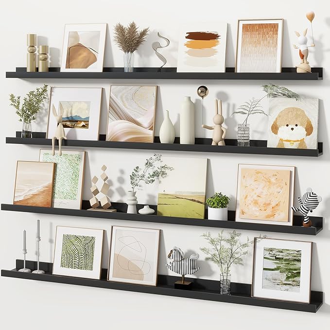 Fun Memories Picture Ledge Shelves Set of 4, 48 Inch Rustic Wall Mounted Floating Shelves with Lip for Home Storage and Décor