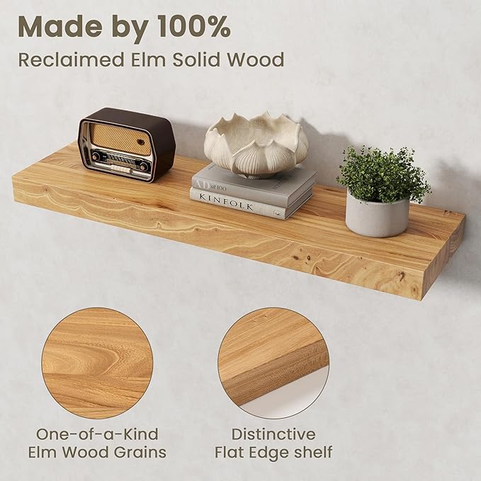 Fun Memories Solid Elm Wood Floating Shelves Set of 2-30 Inch Rustic Wall Shelves with Heavy-Duty Invisible Brackets - for Li