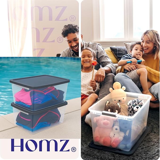 HOMZ 2-Pack Snaplock, Large Clear Plastic Storage Organizer Bins w/Lids, 56 Quart, Gray - Stackable Container Boxes for Bedro