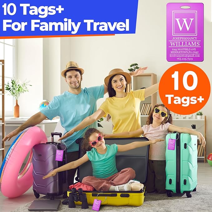 10 PCS Personalized Luggage Tags, Custom Engraved Aluminum Luggage Tags for Family, Metal Luggage Tags for Suitcases, Backpac