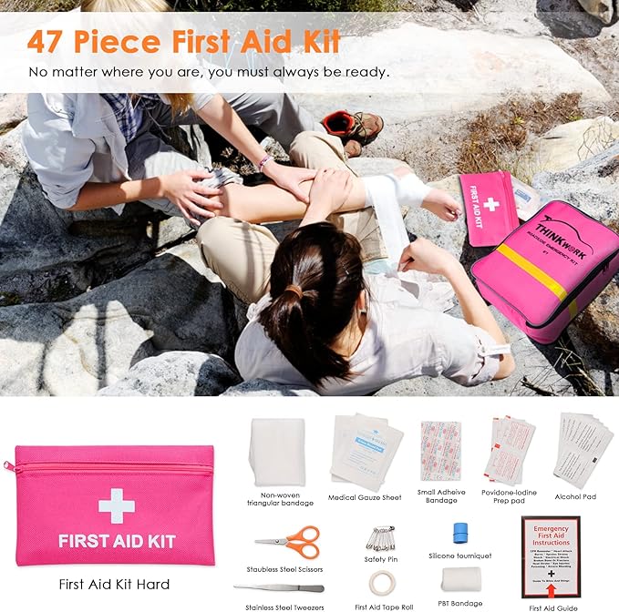 THINKWORK Car Emergency Kit for Teen Girl and Lady's Gifts, Pink Emergency Roadside Assistance kit with Digital Air Compresso
