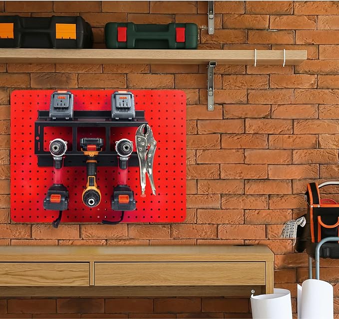 Heavy Duty Drill Holder for 1/4" Holes - Stores up to 3 Drills, Organizes on Pegboard, Includes Pegs and Hooks