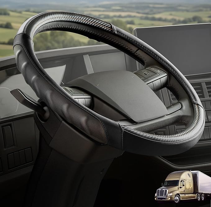 18 Inch Semi Truck Steering Wheel Cover for Freightliner Cascadia, Kenworth T680 T880, Peterbilt 579 & Volvo VNL – Heavy Duty Anti-Slip Leather Grip for Big Rig Class 8 Trucks – Black