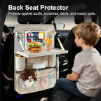 Car Backseat Organizer with Foldable Table Tray - 11 Storage Pockets PU Leather Back Seat Organizer with Tablet Holder, Seat Back Protector for Kids Family Road Trip Travel Accessories (Beige)