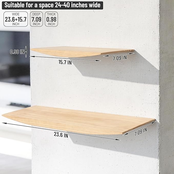 Floating Shelves for Concrete Wall: Solid Wood Shelf 15.75 and 23.6 inch with Heavy Duty Hidden Bracket for Display Books Pla