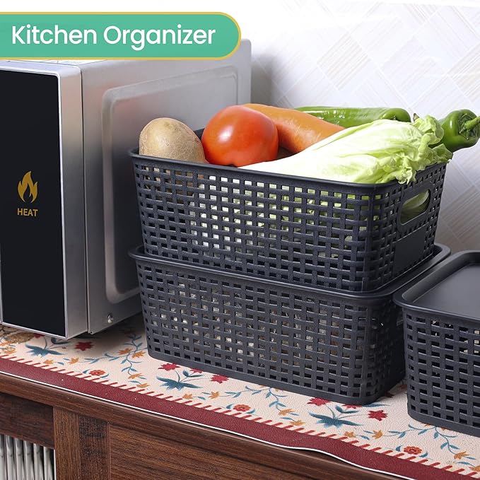 Plastic Storage Baskets with Lid-Plastic Storage Containers Stackable Storage bins: Storage Baskets for Organizing Shelves Dr