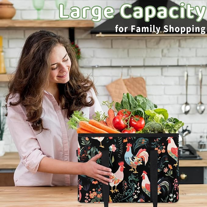 Reusable Grocery Bags Heavy Duty Shopping Bags Foldable Large Tote Bags with Long Handles & Hard Bottom