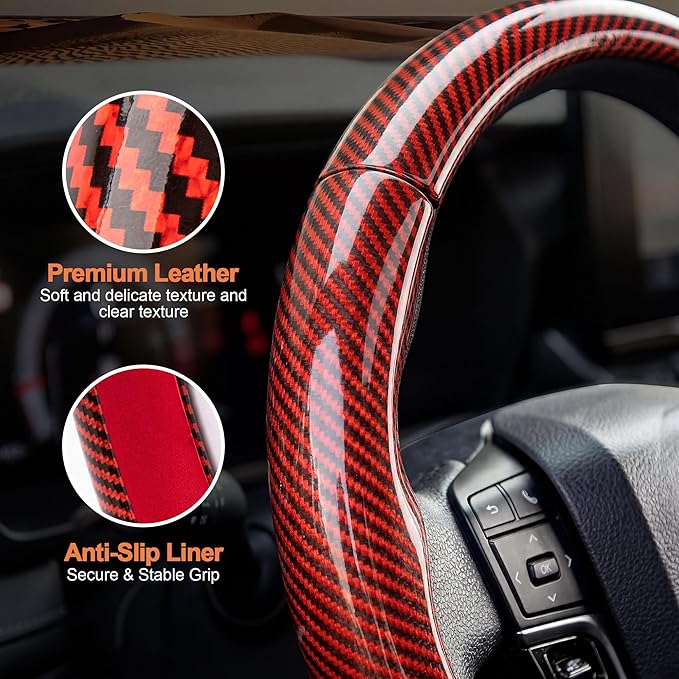 West Llama Carbon Fiber Steering Wheel Covers,3 Piece Car Wheel Cover Universal Fit 99% Cars(Glossy Red)