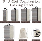 U+U 6 Set Compression Packing Cubes - Ultralight Cream Travel Organizers with Laundry Bag, Space-Saving Suitcase Organizer, E