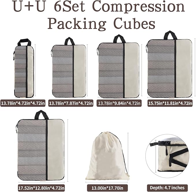 U+U 6 Set Compression Packing Cubes - Ultralight Cream Travel Organizers with Laundry Bag, Space-Saving Suitcase Organizer, E