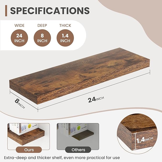 24 Inch Floating Shelves, 8 Inch Deep Floating Shelves for Wall, Hanging Shelf with Invisible Brackets, Deep Shelves for Bath