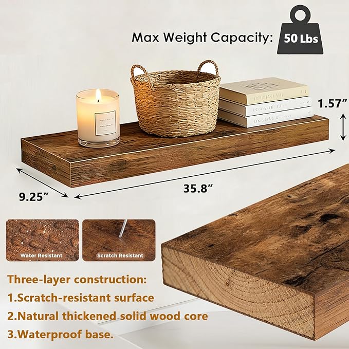 35.8 inch Rustic Brown Floating Shelves Set of 2, Solid Wood Wall Mounted Shelves, Heavy Duty Display Storage Shelves for Bed