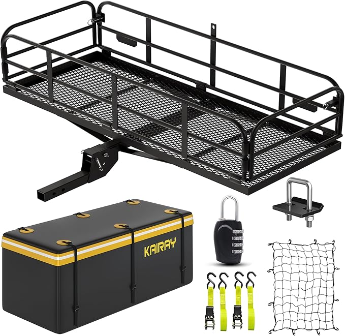 KAIRAY 500 Lbs Heavy Duty Hitch Mount Cargo Carrier 60"x24"x14.4" Folding Rear Luggage Rack Basket Fits 2" Receiver for Car SUV Camping Traveling with Stablizer Waterproof Bag Net Ratchet Straps Lock