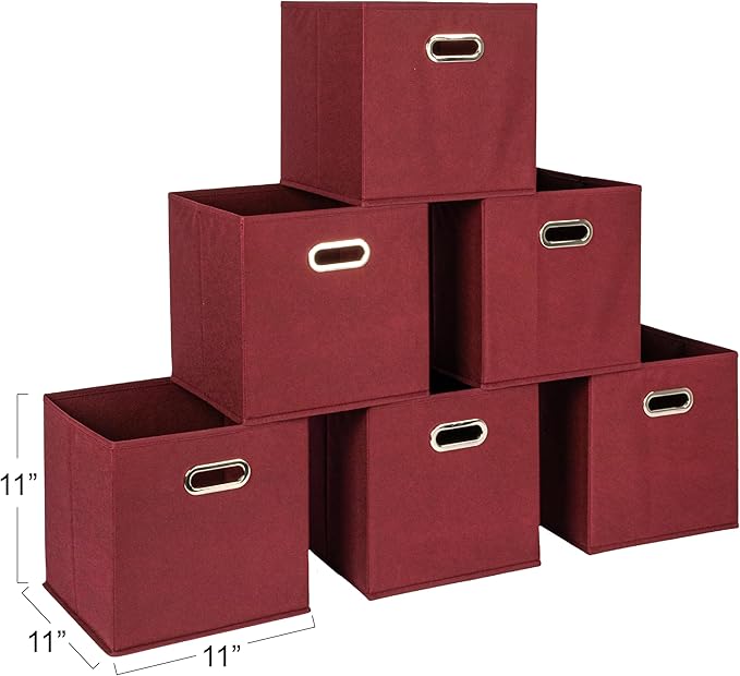 Household Essentials Foldable Fabric Storage Cubes 6-Pack – 11x11x11 Stackable Non-Woven Bins with Chipboard Sides & Grommet 
