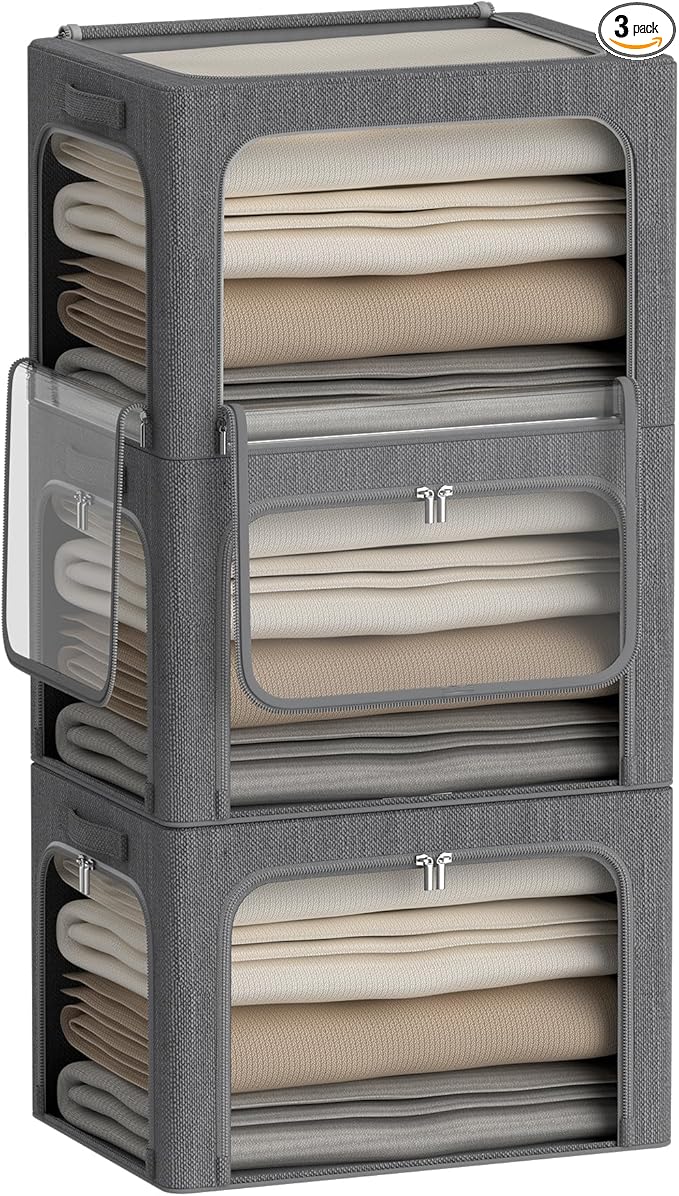 3Pack Stackable Foldable Storage Bin - Metal Frame Storage Box Clothing Storage Organizer with Clear Window, Carry Handles (6