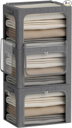 3Pack Stackable Foldable Storage Bin - Metal Frame Storage Box Clothing Storage Organizer with Clear Window, Carry Handles (6