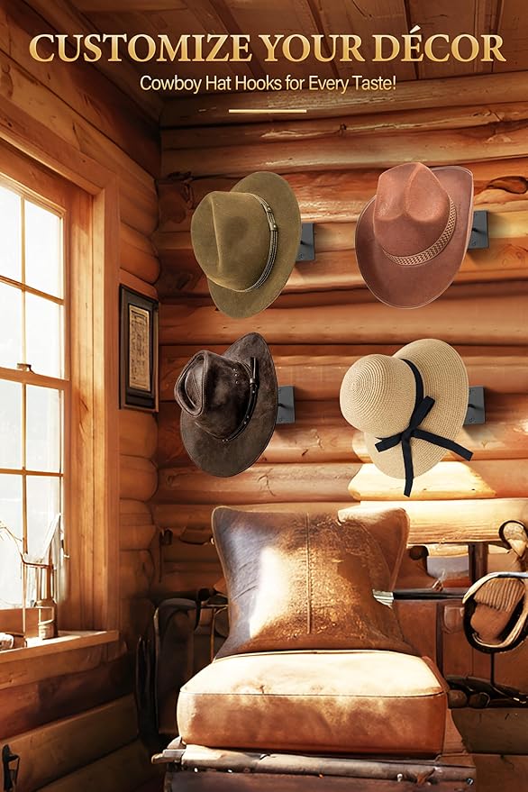 Cinati Cowboy Hat Rack for Wall, 4 Pack Cowboy Hat Holder Wall Mount, Western Rustic Metal Cowboy Hat Hanger, Hat Hooks for C
