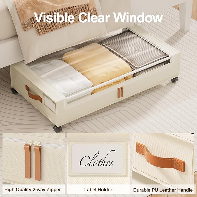LAMU Under Bed Storage with Wheels 2 Pack, Under Bed Storage Containers with Clear Lid & PU Leather Handle, 6.7 Inches Height
