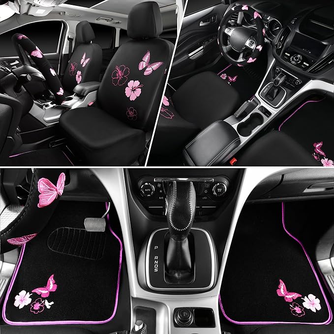 CAR PASS Universal Cloth Butterfly Car Seat Covers Full Set, Embroidered Flower Waterproof Car Floor Mats Carpet, Butterflies