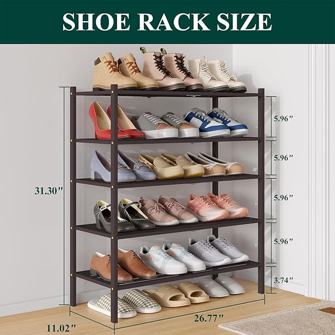 Smiry Bamboo Shoe Rack 5-Tier, Stackable Wooden Shoe Organizer for Entryway & Closet, Free Standing Wood Shoe Storage Shelf f