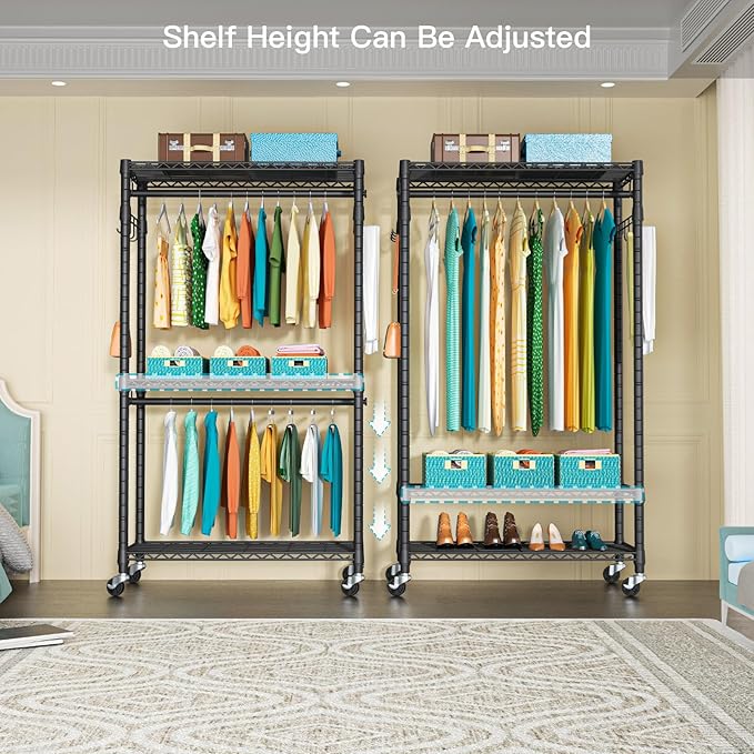 FUTASSI P1 Heavy Duty Garment Rack, 3 Tiers Adjustable Rolling Metal Closet Organizer with Lockable Wheels, FreeStanding Ward
