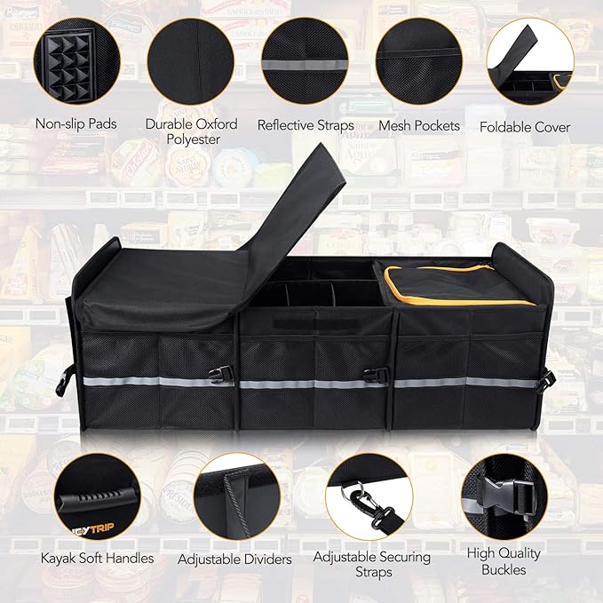 HEYTRIP Large Trunk Organizer With Built-in Leakproof Cooler Bag, 2 Tie-Down Straps, 4 Removable Dividers, Foldable Cover, Buil