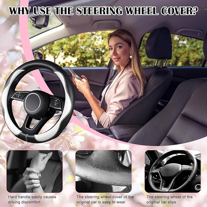 SuperKaKa Car Steering Wheel Cover 2024, Universal Auto PU Cute Breathable Slip-Proof Comfort Imitation Leather Protector Car