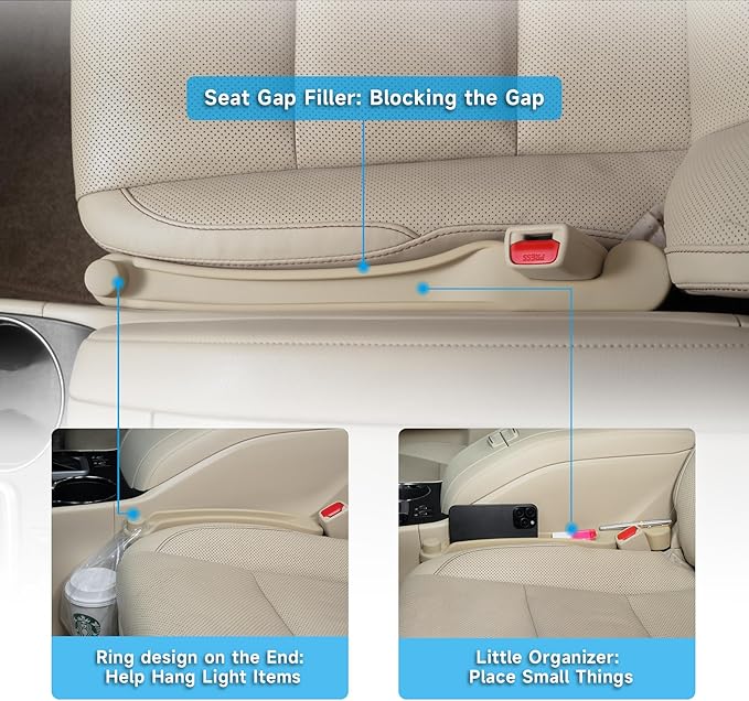 Car Seat Gap Filler Set of 2, 3IN1 Seat Side Gap Filler Plug with Storage Slot & Hook Function, Soft Foam Universal Fit Car SUV Truck Fill Gap Between Seats Console Organizer（Narrow Beige）