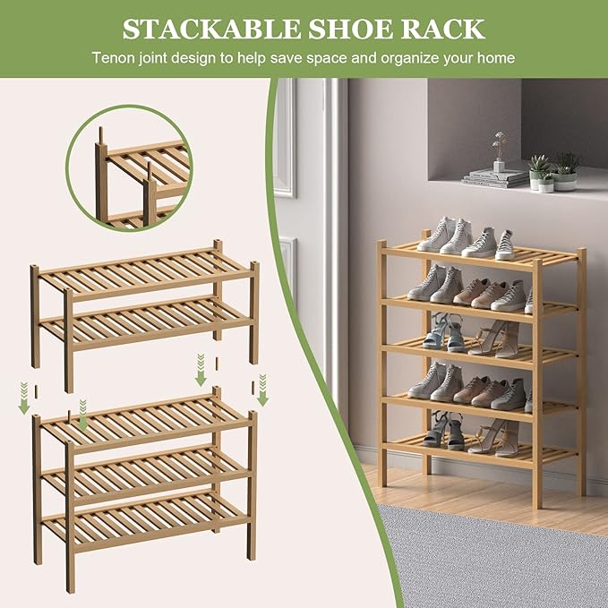 ROMGUAR CRAFT (Thick Bamboo Shoe Rack for Entryway, 3-Tier Free Standing Shoe Racks Stackable Shoe Rack Organizer for Hallway