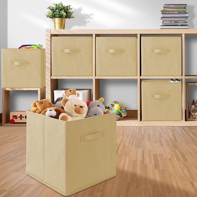 Casafield Set of 6 Collapsible Fabric Cube Storage Bins, Sandy Beige - 13" Foldable Cloth Baskets for Shelves, Cubby Organize