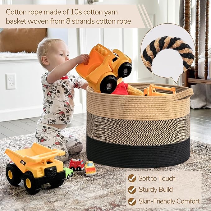 INDRESSME XXXLarge Cotton Rope Basket 21.7" x 21.7" x 13.8" Woven Baby laundry Blanket Basket for Living Room Decor, Toy Stor