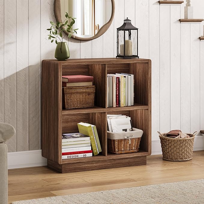 ChooChoo 4 Cube Storage Organizer, Wooden Bookcase with Storage, Cube Storage Bookshelf for Bedroom and Home Office, Brown Wa