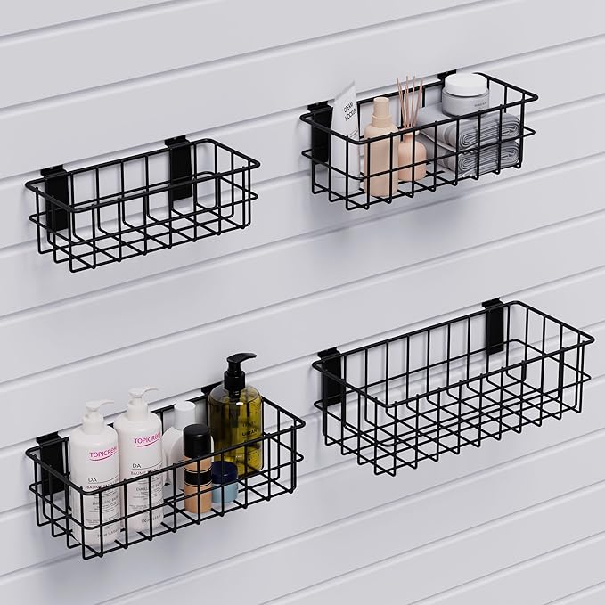 Heavy Duty Slatwall Baskets - 6 Pack Black Multi-Size Storage Organizer for Garage Workshop, Fits Standard Panels