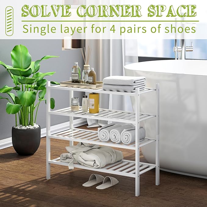 BMOSU 4-Tier Bamboo Shoe Rack Premium Stackable Shoe Shelf Storage Organizer for Hallway Closet Living Room Entryway Organize