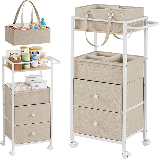 Modanais Baby Diaper Caddy Organizer Cart with Drawers - 3In1 Rolling Storage Cart with Wheels, Removable Diaper Caddy, Detac